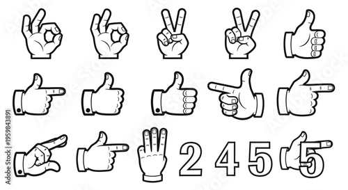 Set of outline hand gestures depicting OK, peace, thumbs up, pointing, and various numbers, on an isolated white background.