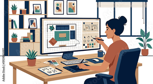 A woman working on a computer with a graphic design project isolated on transparent background