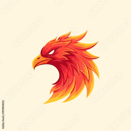 Vibrant fiery phoenix head logo design with gradient colors.