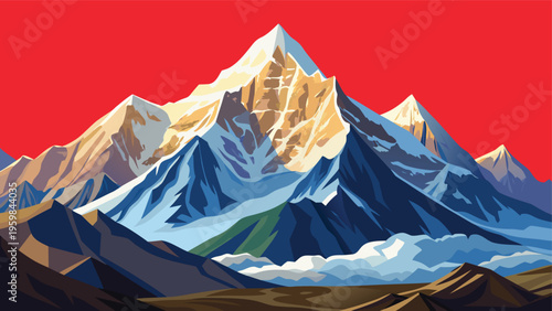 A stylized vector illustration of a majestic snow capped mountain peak set against a bold red sky