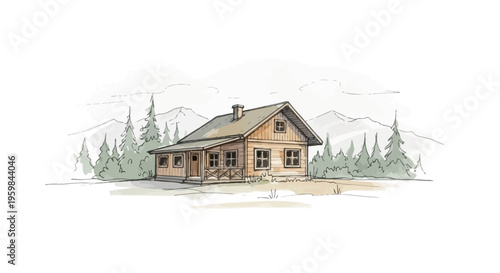 A charming wooden cabin nestled in a serene mountain landscape.