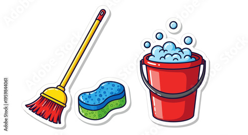 Colorful cartoon cleaning supplies set with broom, sponge, and bucket with bubbles.