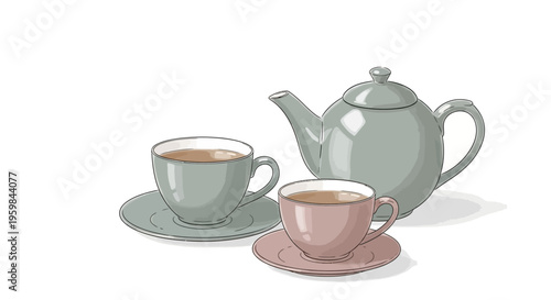 Charming hand-drawn illustration of a tea set with two cups and a teapot.