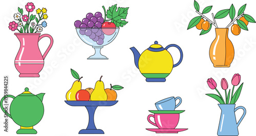  Set of decorative teapots vases and fruit vector illustrations featuring flowers grapes citrus pears cups and elegant kitchen tableware collection