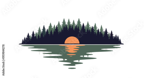 Minimalist vector illustration of sunset over a pine forest lake with reflection.