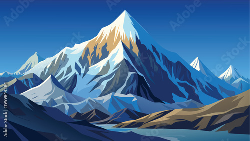 A majestic digital illustration of a towering snow capped mountain peak under a clear blue sky