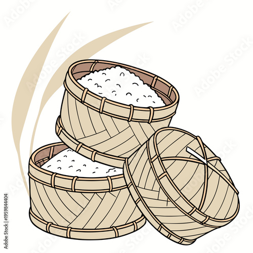 Stacked bamboo steamer baskets with rice Asian cuisine