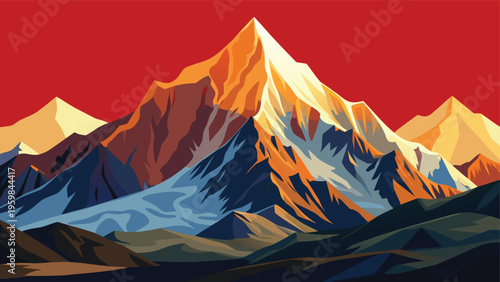 A stylized artistic illustration of a majestic mountain range set against a vibrant red background