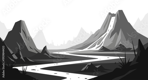Monochromatic Mountain Landscape with Flowing River Valley Vector Illustration