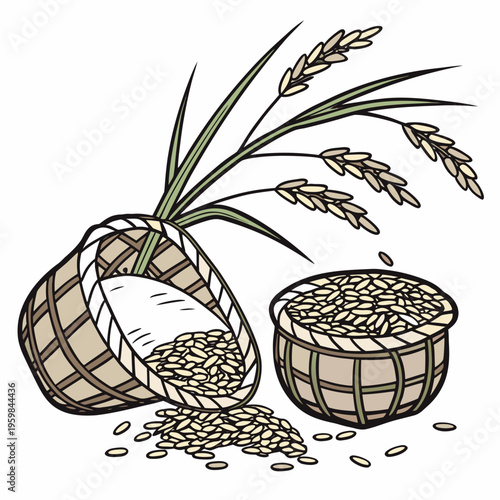 Rice bowl and basket with rice grains food cooking
