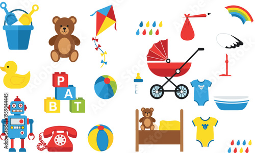 Cute Baby and Kids Items Collection Vector Set with Toys, Clothes, Stroller, Blocks, Robot, and Nursery Accessories for Child Care Design.