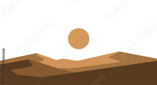 Minimalist desert landscape with sand dunes and sun.