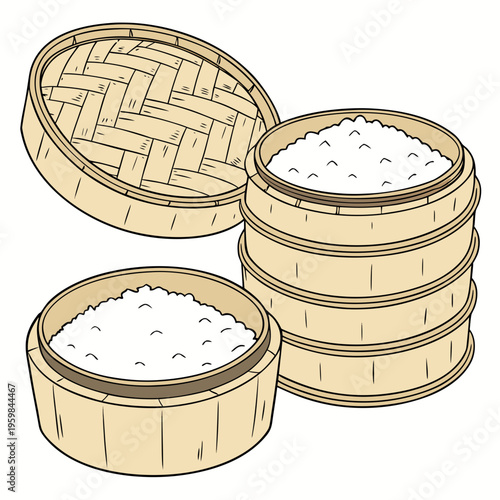Steamer baskets filled with rice food cooking