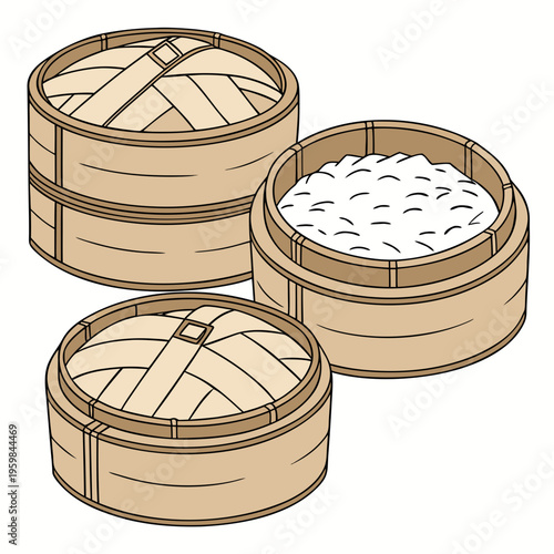 Steamer baskets with one filled with white rice bamboo steamer