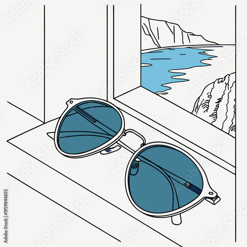 Sunglasses on a windowsill with ocean view cliff scenic