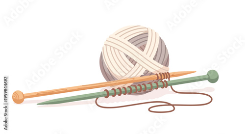 Illustration of knitting needles and yarn ball on white background with colorful threads.