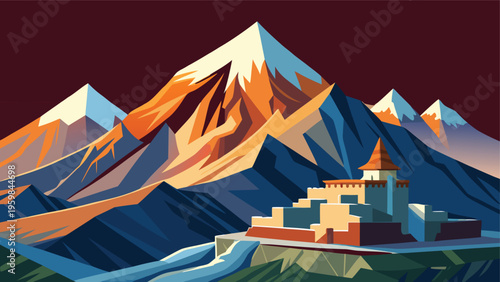 A digital illustration of a majestic mountain range featuring a traditional fortress in the valley