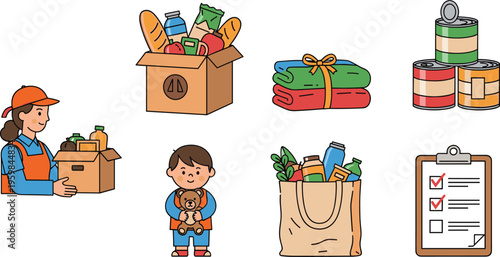  Set of charity donation vector illustrations featuring food box groceries volunteer supplies clothes canned goods checklist helping community support concept social aid