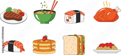  Set of colorful food vector illustrations featuring steak ramen sushi roasted chicken pancakes sandwich and pasta dishes isolated on white background for menu design
