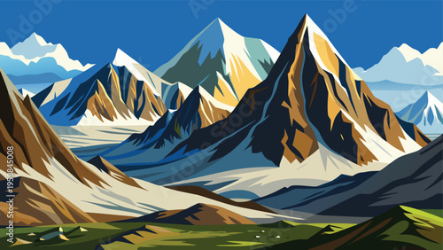 A vibrant digital illustration of majestic snow capped mountains against a clear blue sky background