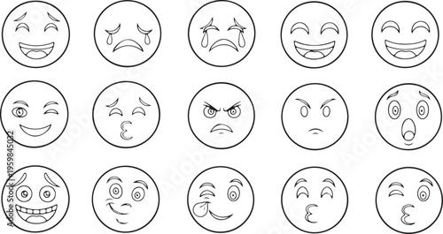 Set of fifteen hand drawn doodle emoji icons with various facial expressions isolated on white background, concept for corporate employee feedback, office communication and business