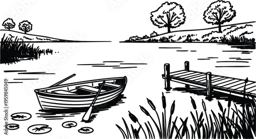 Black and white illustration of a row boat on a lake with a dock and trees