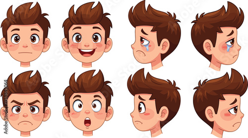 Cute Cartoon Boy Face Expression Collection with Different Emotions and Angles, Including Happy, Sad, Angry, and Surprised Kid Avatar Vector Illustration Set.