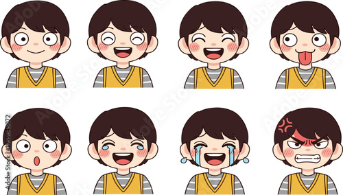 Cute Cartoon Boy Face Expression Set with Funny, Happy, Crying, Angry, and Surprised Emotions for Emoji, Avatar, and Vector Illustration Design.