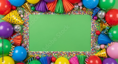 Colorful party frame with balloons and confetti.
