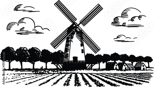 Black and white illustration of a windmill in a rural landscape with trees and houses