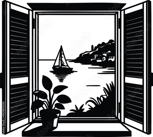Black and white illustration of open window with sea view and potted plant on sill