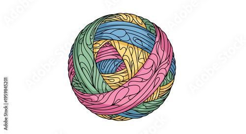 Colorful ball of yarn with pink, blue, green, and yellow threads on a white background, showcasing a mix of vibrant hues.