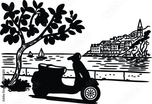 Man riding scooter on sidewalk next to tree and waterfront town scene