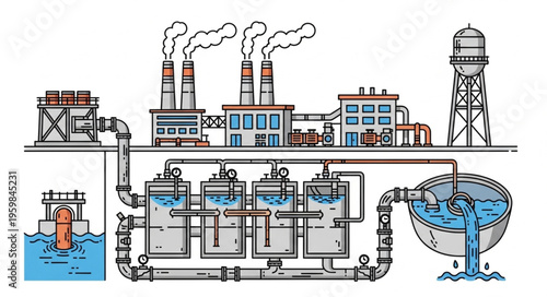 Industrial Water Treatment Plant Illustration with Pollution.