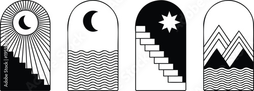 Set of four black and white illustrations of arch shaped celestial and landscape designs