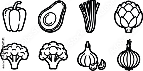 Set of eight line drawn vegetables and fruits for food design  healthy eating icons