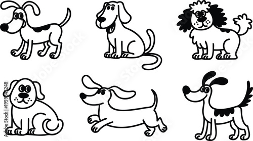 Set of six cartoon dogs in different poses and breeds  friendly animal illustrations
