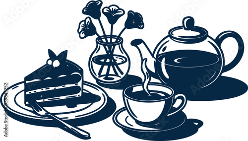 Tea set with cake and flowers on a table setting for relaxation and leisure activities at home