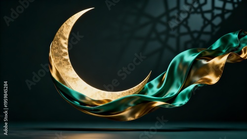 Golden Crescent Moon with Flowing Green and Gold Silk for Islamic Ramadan Kareem and Eid Mubarak Celebration Background Banner