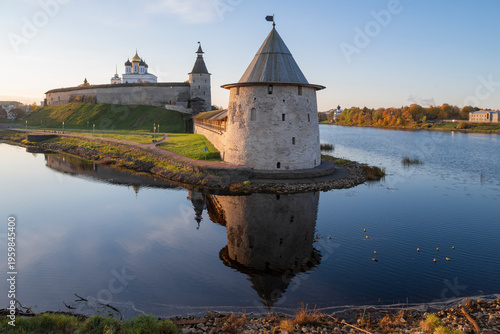 Photos View of the ancient Flat Tower of the Pskov Kremlin on a sunny October morning