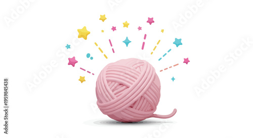 A pink ball of yarn with a tail surrounded by colorful stars and lines on a white background.