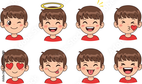Cute Cartoon Boy Face Expression Set with Funny, Loving, Happy, and Playful Emotions Including Wink, Kiss, Tongue Out for Emoji and Vector Illustration Design.