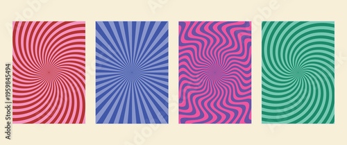 Colorful hypnotic spiral sunburst background collection. Retro psychedelic abstract vector templates for flyer, brochure, and vintage cover design.