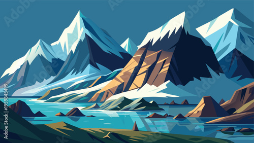 A serene digital illustration showcasing majestic snow capped mountain peaks rising above a blue lake