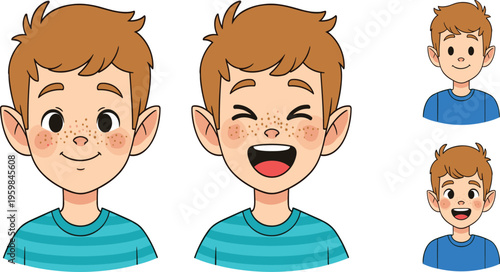 Cute Cartoon Freckled Boy Face Expression Set with Happy and Smiling Emotions and Character Variations for Kids Avatar Vector Illustration Design.