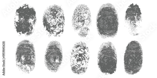 Set of ten unique detailed human fingerprint icons for biometric security and identity concepts