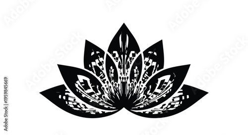 Stylized black lotus flower silhouette displays intricate internal tribal patterns against a clean white backdrop.