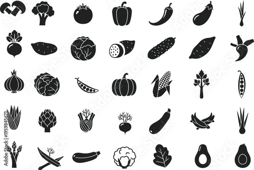 Collection of various vegetable icons in black and white