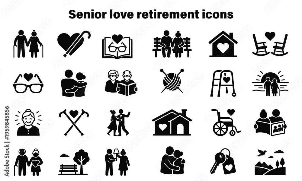 Obraz premium flat design senior love and retirement lifestyle icons set in monochrome