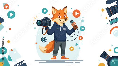 Cartoon Fox Reporter with Camera and Microphone, Media and Journalism Concept